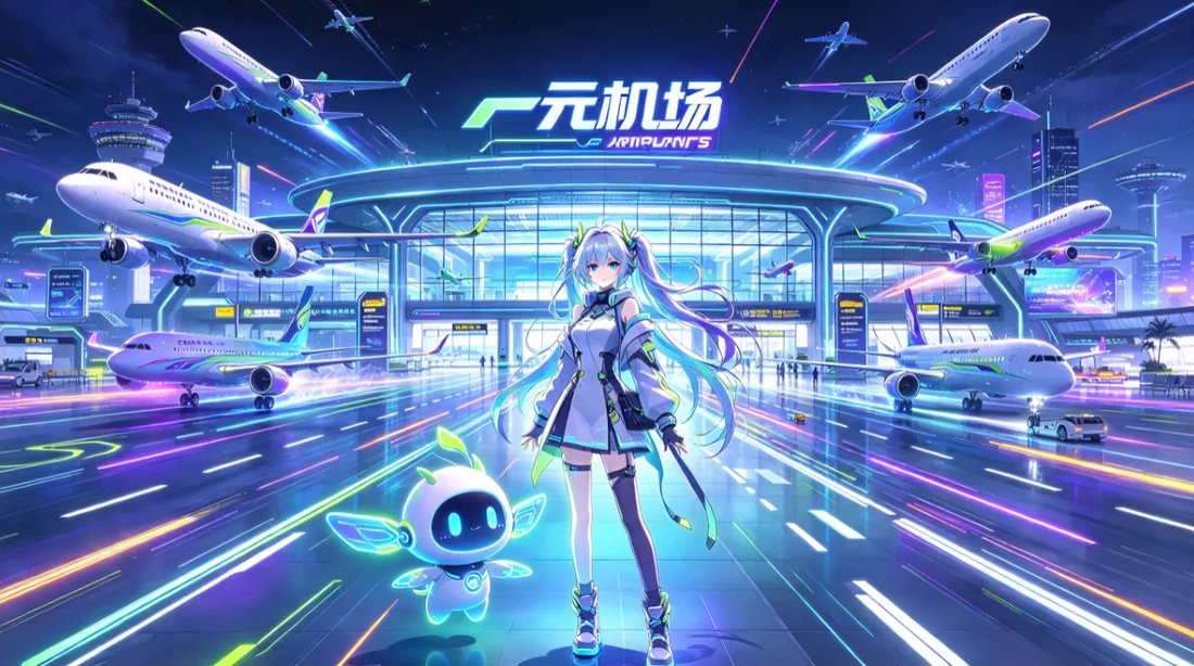 夜晚机场航站楼前长发少女与小机器人的动漫风插画