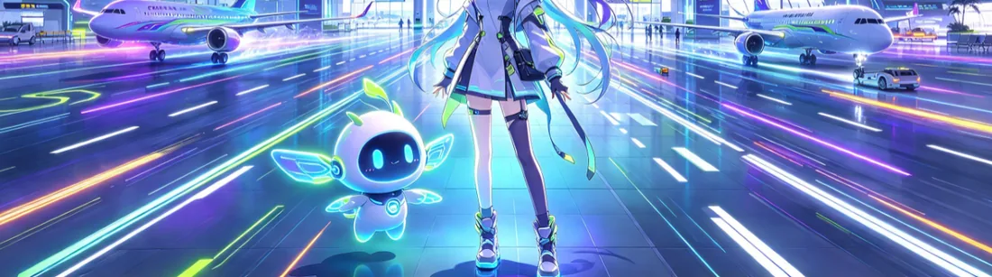夜晚机场航站楼前长发少女与小机器人的动漫风插画(下半)
